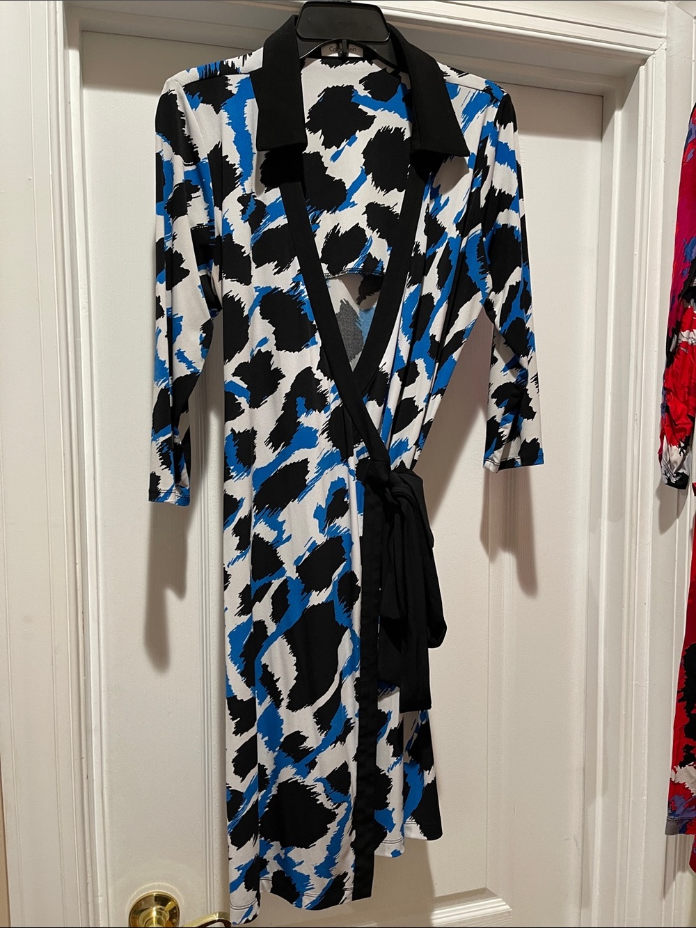 Calvin Klein Blue, Black & White Wrap Dress with Black Collar